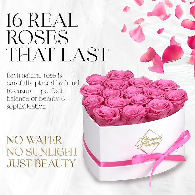GLAMOUR BOUTIQUE Preserved Roses in a Box - Gifts for Her, Wife & Mom, Rose Flowers Forever Decor for Birthday Gift, Get Well Flower Bouquet Cased in White Box with Cover - Pink - 16 (Color-Treated)