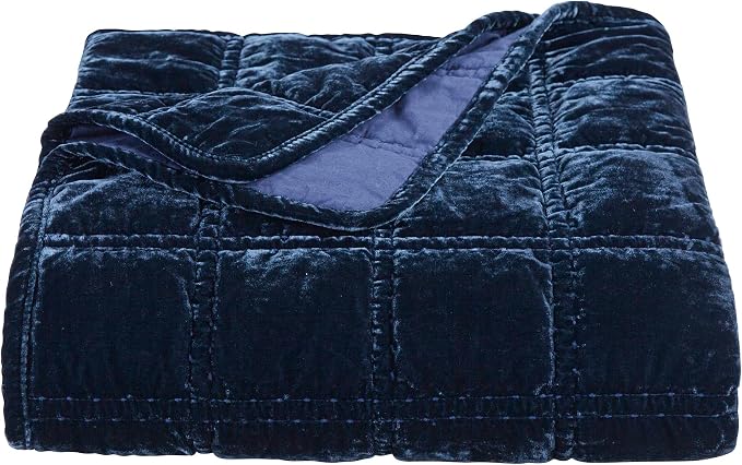 HiEnd Accents Stella Faux Silk Velvet Throw Blanket Midnight Blue, 50x60 inch, Double Stitch Plush Soft Cozy Blankets, Luxury Decorative Throws for Couch, Bed, Sofa, Chair
