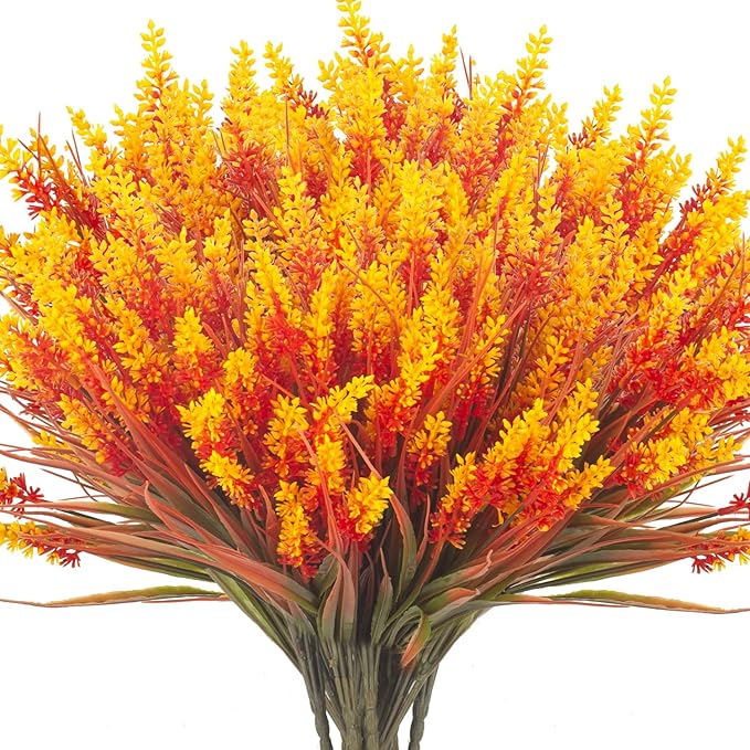 Grunyia 20 Bundles Artificial Plants Outdoor Fake Monkey Grass with Flowers (Fall Red)