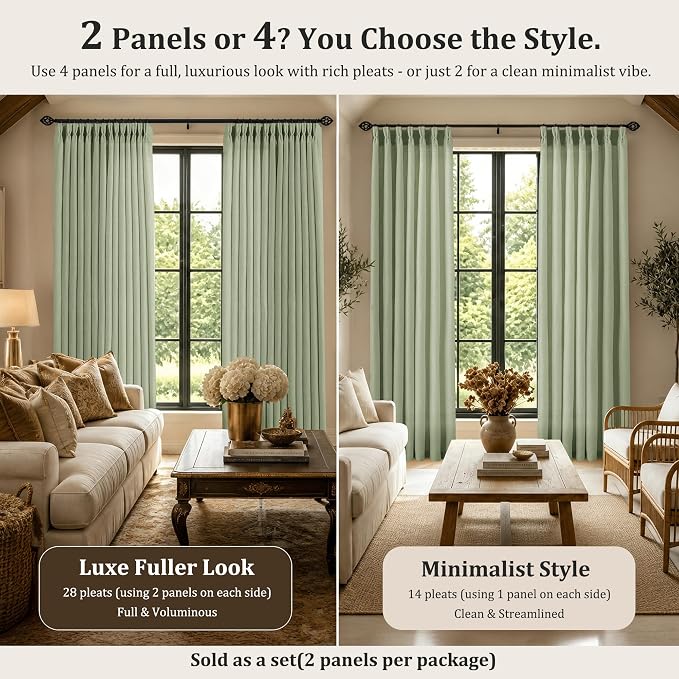 Pinch Pleated Linen Curtains 84 Inch, 2 Panels Premium 400GSM Memory Trained Semi Sheer Light Filtering Window Drapes for Living Room Bedroom Dining, Back Tab & Adjustable Hooks Rings , Sage Green