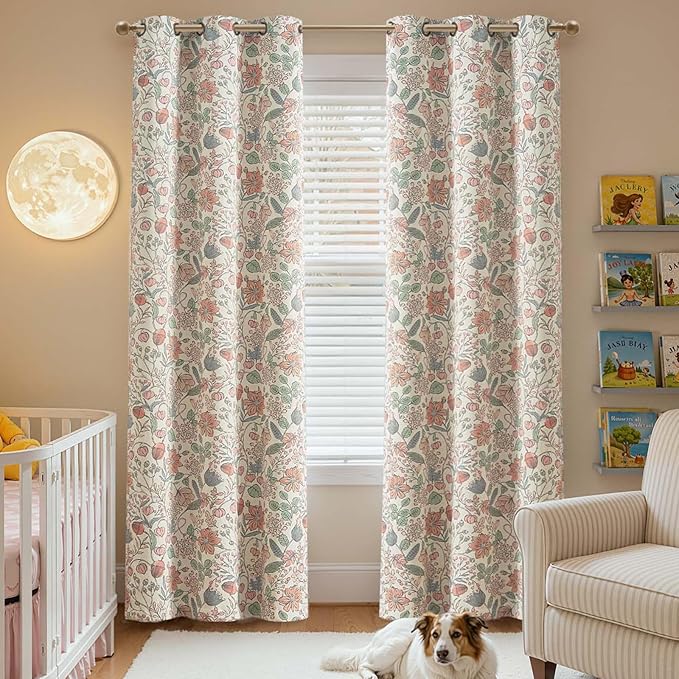 jinchan Nursery Curtains 95% Blackout Pink 84 Inch Long Floral Curtains for Girls Room, Farmhouse Drapes for Living Room Bedroom Darkening Window Treatment Grommet Top Set of 2 Panels
