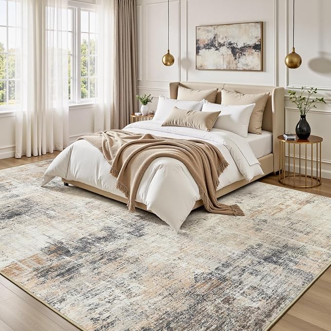 Lofus 5x7 Area Rug for Living Room,Gold Abstract Rugs with Non-Slip Backing, Neutral Modern Washable Carpet for Bedroom Dining Room Home Office Nursery Indoor