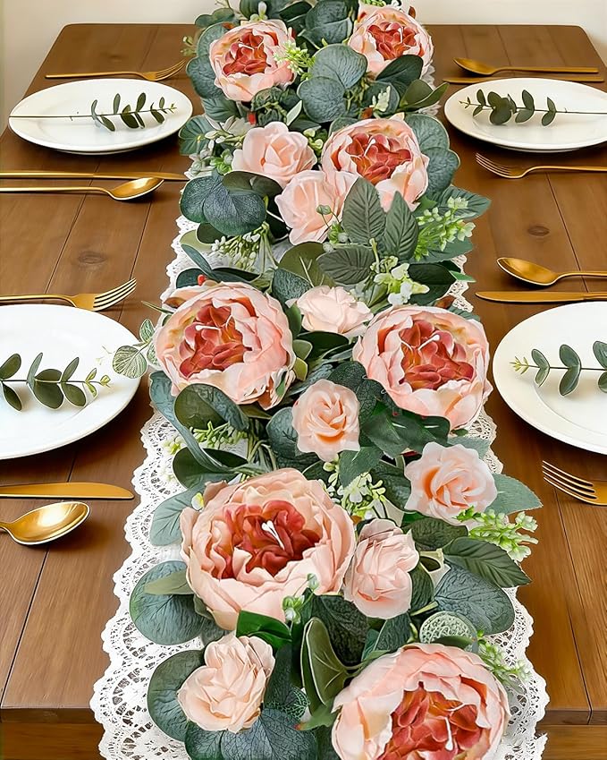 2 Pack 13Ft Artificial Eucalyptus Floral Garland with 16 Flowers Vintage Peony Rose, Pink Fake Flower Greenery Spring Garland Floral Vines for Mantle Wedding Arch Home Table Runner Backdrop Decor