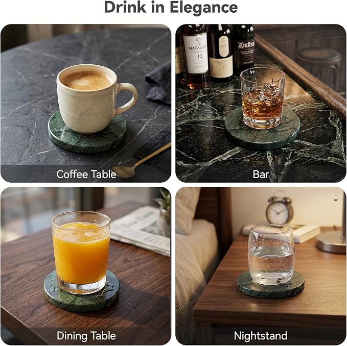 Dark Green Marble Coasters Set of 4 with Holder, Luxury Drink Coaster for Coffee Table, 4" Round Polished Verde Stone Coaster with Intricate Veins – Heat Resistant, Non-Slip, Housewarming Gift