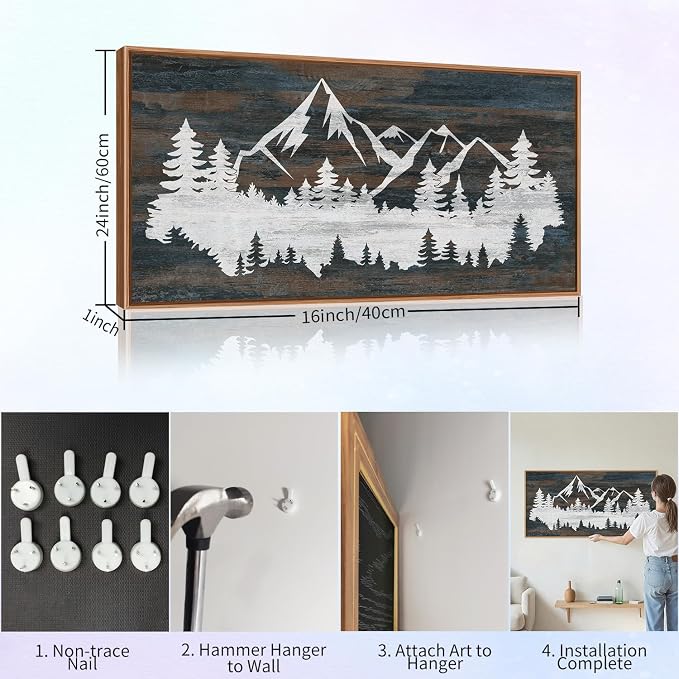 Rantodecor Vintage Mountain Framed Canvas Wall Art, White Snowy Nature Landscape Wall Decor, Rustic Wilderness Forest Art Paintings, Modern Farmhouse Artwork for Bedroom Living Room Office 40"x20"