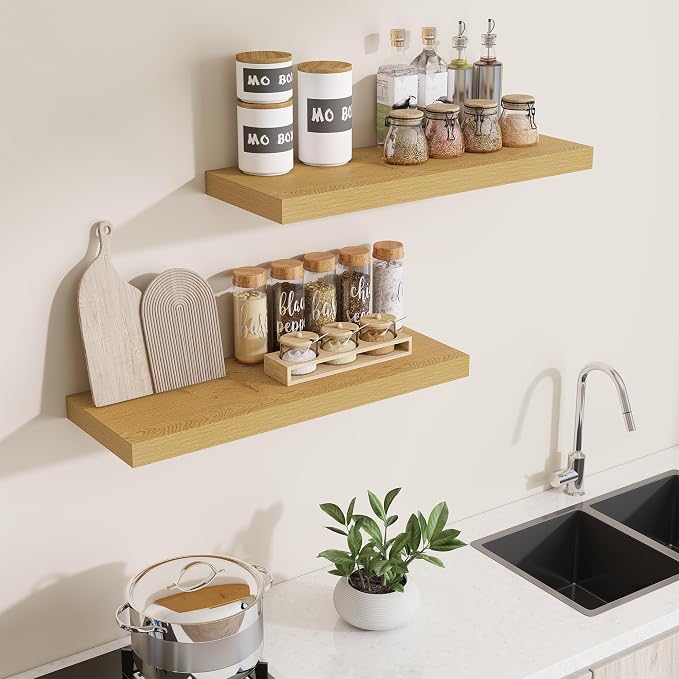 Dreamland 30Inch Floating Shelves 8" Deep Wall Mounted Set of 2 Oak | Wall shelves for bathroom, bedroom, Living Room, kitchen, deep wall mount wood storage display for home decor 30" x 8"