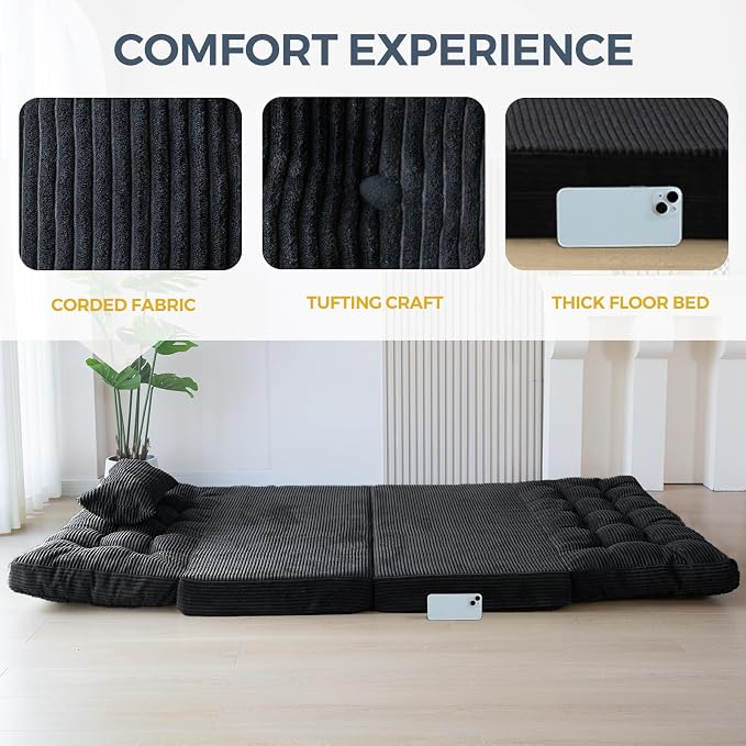 MAXYOYO Folding Sofa Bed, Tufted Bean Bag Bed with Pillows Floor Couch for Adults, Extra Thick and Long Floor Sofa, Twin Couch for Bedroom Living Room, Black, 39x91 Inch