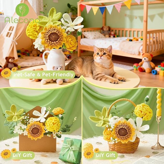 Alecono Crochet Flower Bouquet, Green Knitted Flowers, Crochet Sunflowers for Mother's Day Anniversary Birthday Graduation Lover Valentine Day Gifts (with Card)
