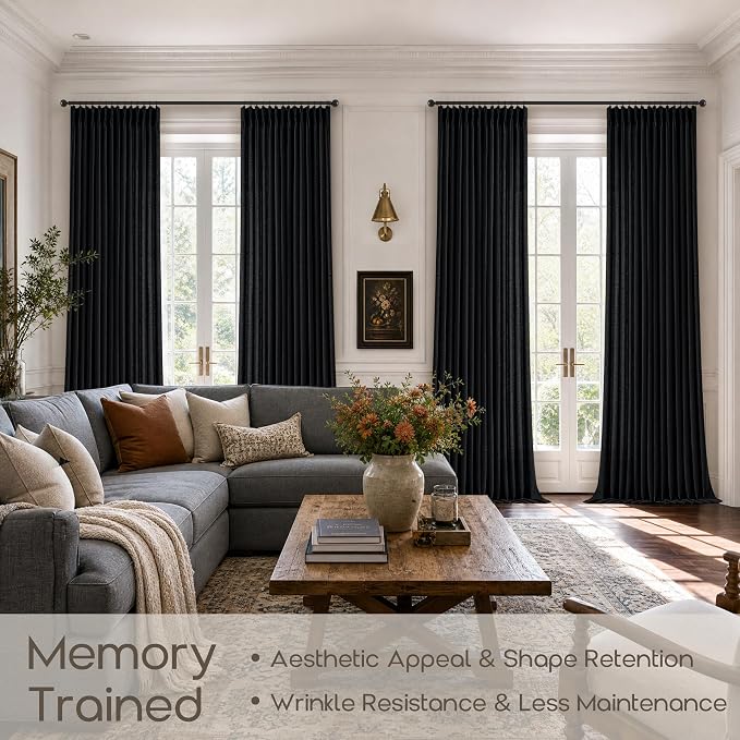 120 Inches Linen Pleated Black Curtains for Large Living Room Memory Trained Light Filtering Sheer Retro Vintage Drapes with Hooks Rings Extra Long Pinch Pleat Curtain for Bedroom 10 FT 2 Panels