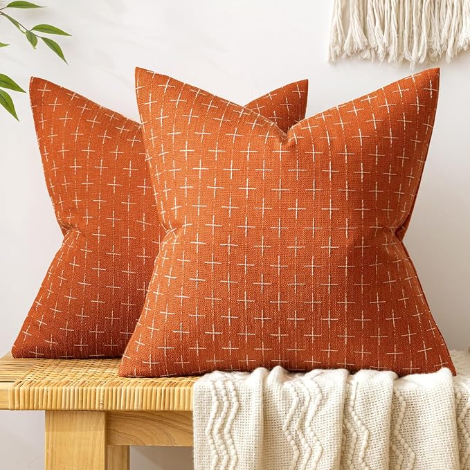 MIULEE Pack of 2 Decorative Burlap Linen Throw Pillow Covers Modern Farmhouse Pillowcase Rustic Woven Textured Cushion Cover for Sofa Couch Bed 16x16 Inch Burnt Orange