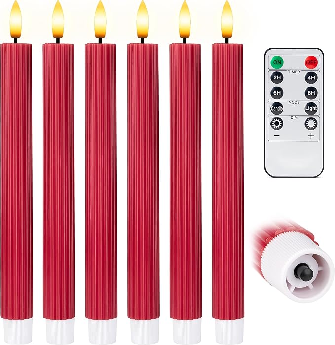 6 Pack, 10" LED Flameless Real Wax Red Fluted Ribbed Grooved Taper Candles, Remote & 24h Timer Memory, On/Off Button, Dimmable, Flicker Mode, Battery Operated, Wedding