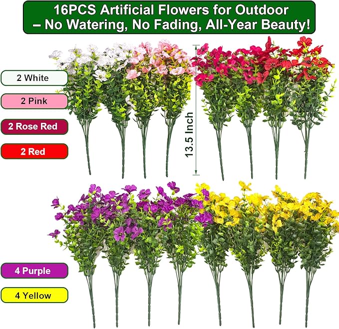 Grunyia Artificial Fake Flowers for Outdoor Decoration, 16 Bundles Faux Silk Colorful UV Resistant Realistic for Outside Porch Patio Home Yard Garden Planters Pots Window Box (Mix(6 Color))