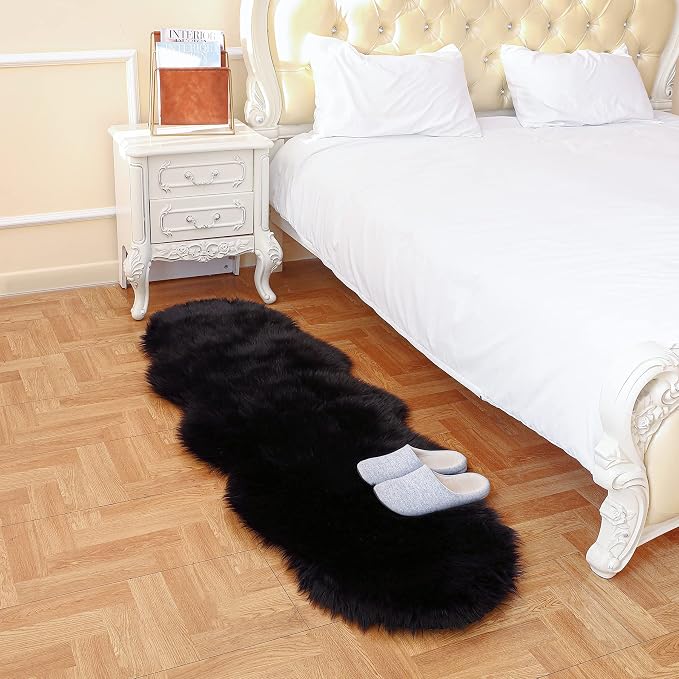Faux Fur Sheepskin Runner Rug Black 2x6 ft Ultra Soft Shaggy Plush Fluffy Fuzzy Area Carpet Decorative Chair Cover Floor Mat for Bedroom Sofa Living Room Bedside