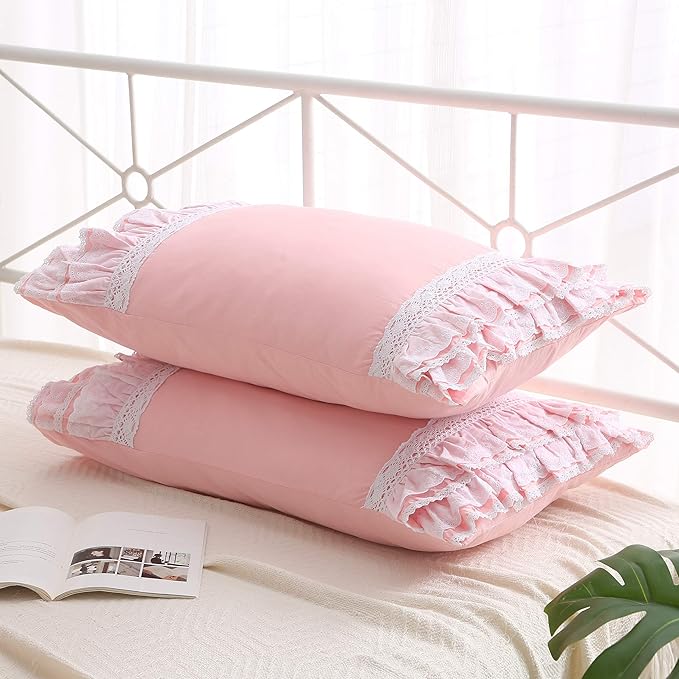2-Pack Pink Pillow Shams Cases Covers with Ruffles and Lace Cotton Queen Size 30"X20"Soft Boudoir Luxurious