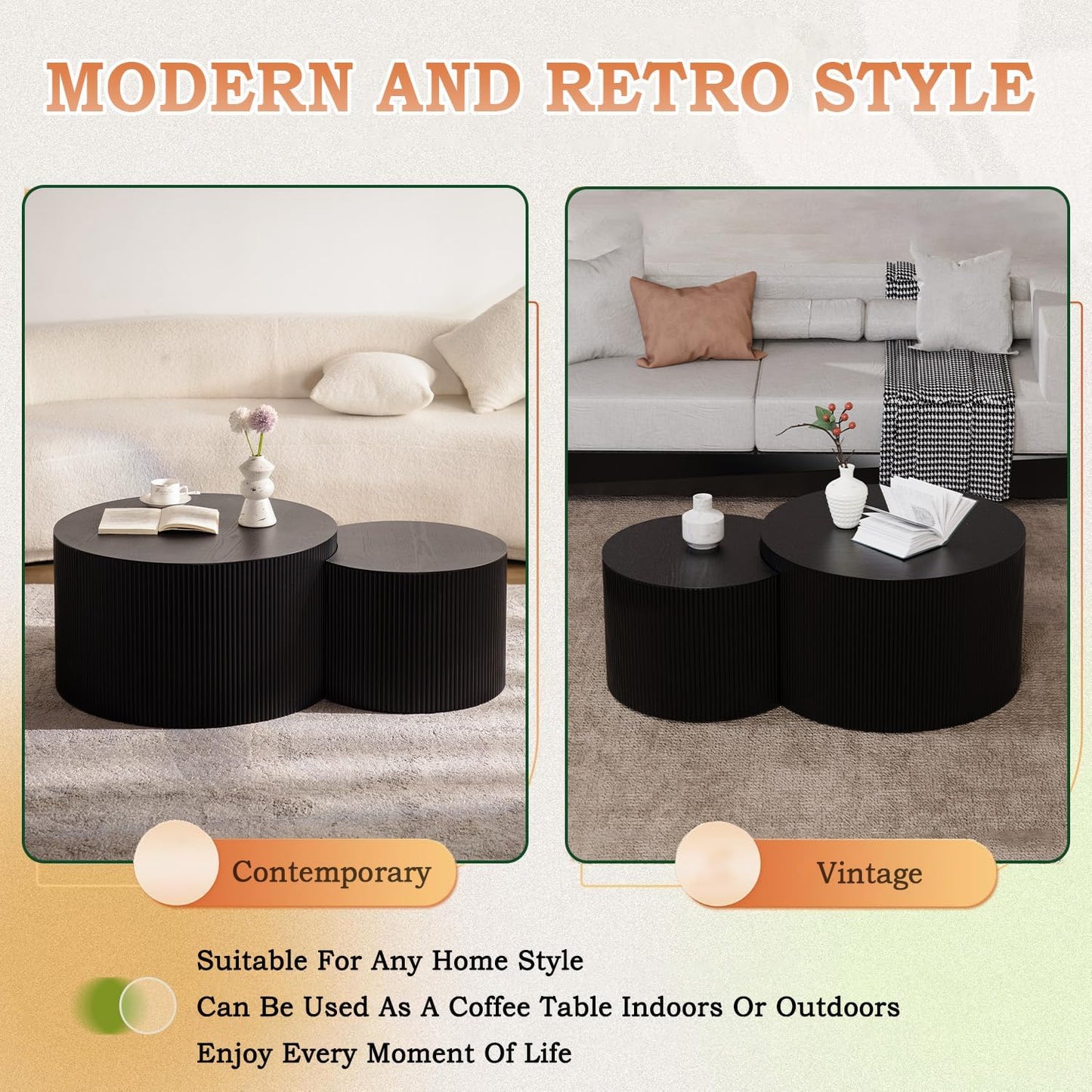 Round Nesting Coffee Table Modern Fluted Coffee Table Set of 2 Circle Drum Coffee Tables Small Round Accent Side End Table for Living Room No Assembly (Black B 27in)