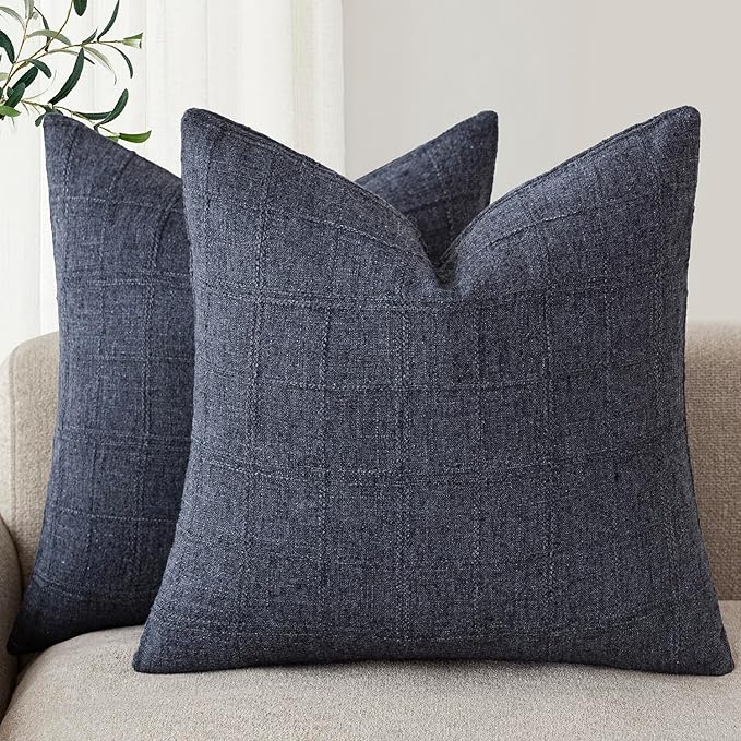 Foindtower Set of 2 Decorative Linen Check Throw Pillow Covers Neutral Farmhouse Vintage Cushion Covers Modern Boho Home Decor for Sofa Chair Couch Bedroom Living Room,26×26 Inch,Navy Blue