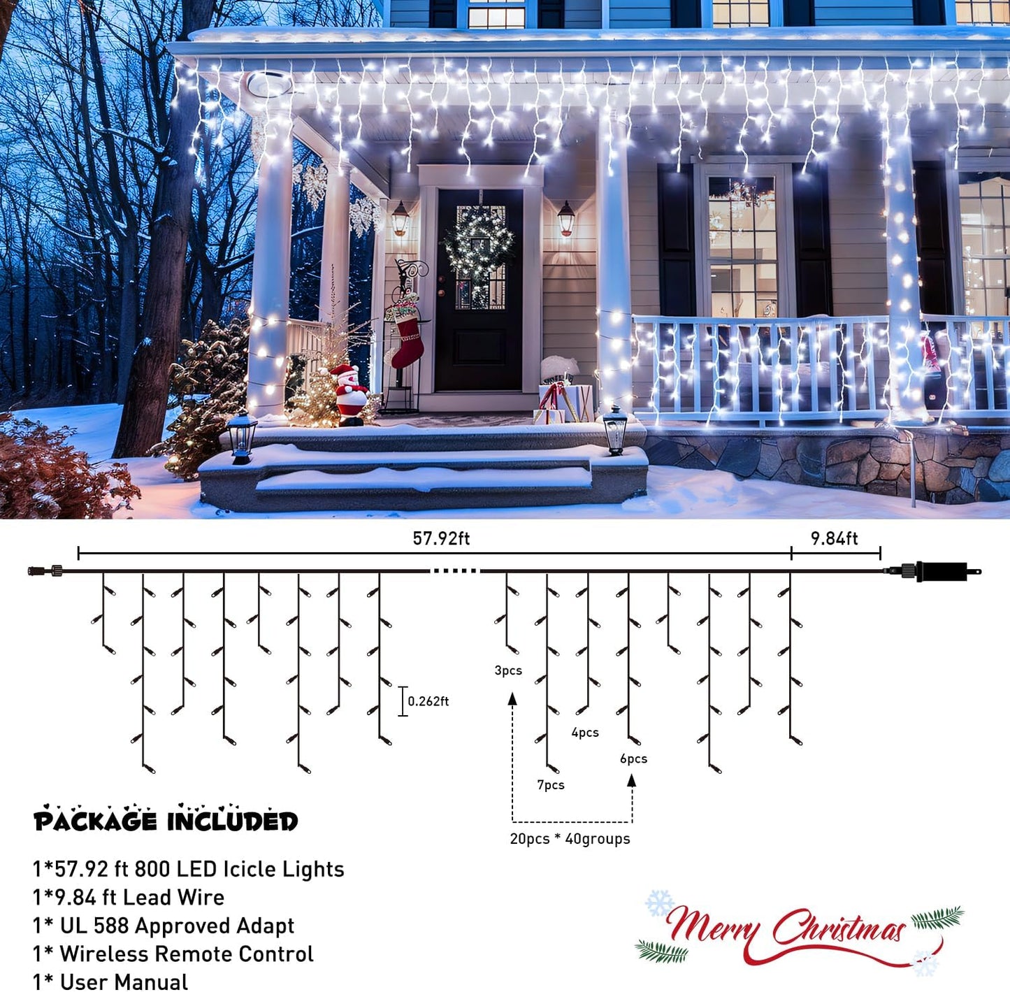 JMEXSUSS Christmas Icicle Lights for Outside: 800 LED White Icicle Lights Outdoor Waterproof - White Christmas String Lights for House Wedding Party Christmas Decoration