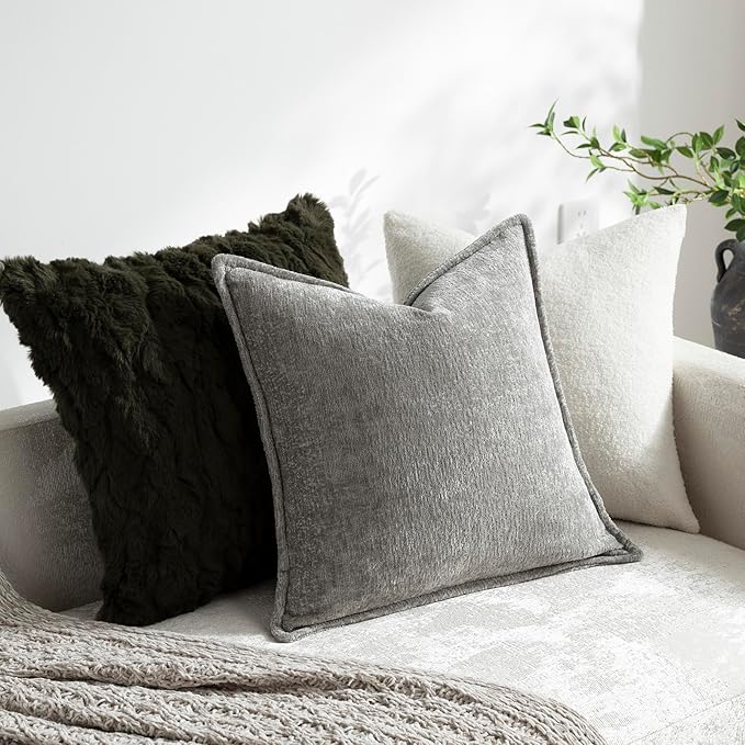 DEZENE Pack of 2 Light Gray Decorative Throw Pillow Covers 16x16 Cozy Soft Chenille Accent Vintage Square Couch Pillow Covers for Home Decor Bed Sofa Living Room