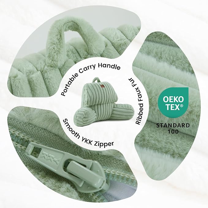Amélie Home Faux Fur Reading Pillow with Pocket for Sitting in Bed, Kids Backrest Bed Pillow with Washable Cover for Lounging, Watching TV/Gaming/Resting/Post/Surgery/Nursing, Sage Green 17 inches