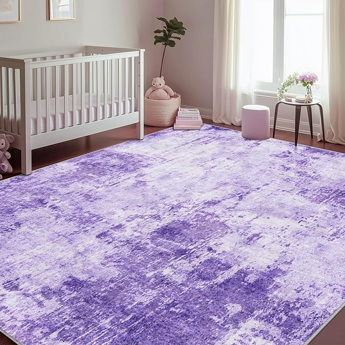 RELEANY Washable Area Rugs 5'x7' Non-Slip Modern Abstract Soft for Living Room Entryway Bedroom Nursery, Print Pattern, Purple Gray Pink White
