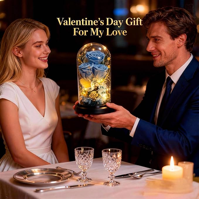 HipTree Preserved Blue Rose in Glass Dome with LED Lights - Forever Eternal Real Rose Gifts for Women, Valentines Day Mothers Day Birthday Wedding Anniversary for Mom Wife Girlfriend