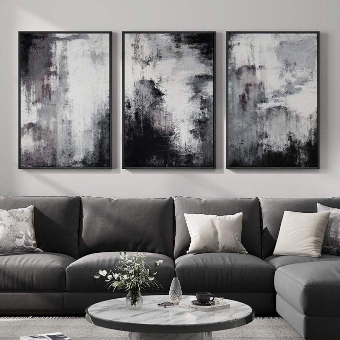 Framed Black and White Abstract Wall Art for Living Room, Large 3 Piece Modern Grey Canvas Artwork for Walls, Minimalist Abstract Prints Pictures Home Office Dining Room Hallway Wall Decor, 24x36 In