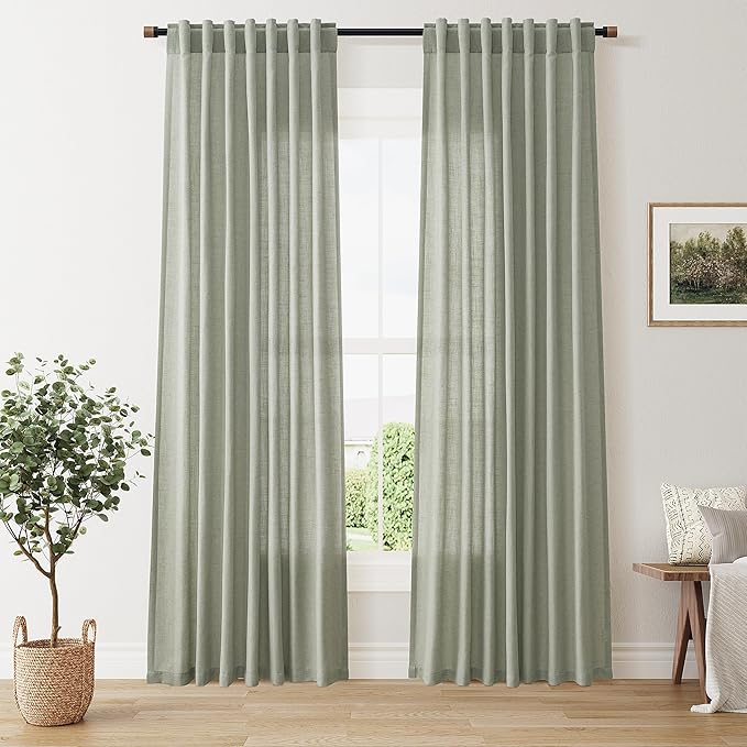 Nanspring Sage Green Linen Curtains for Living Room 84 Inch Length 2 Panels Set, Light Filtering Non-See-Through Privacy Semi Sheer Back Tabs Window Farmhouse Drapes for Bedroom, 52W x 84L, Sage