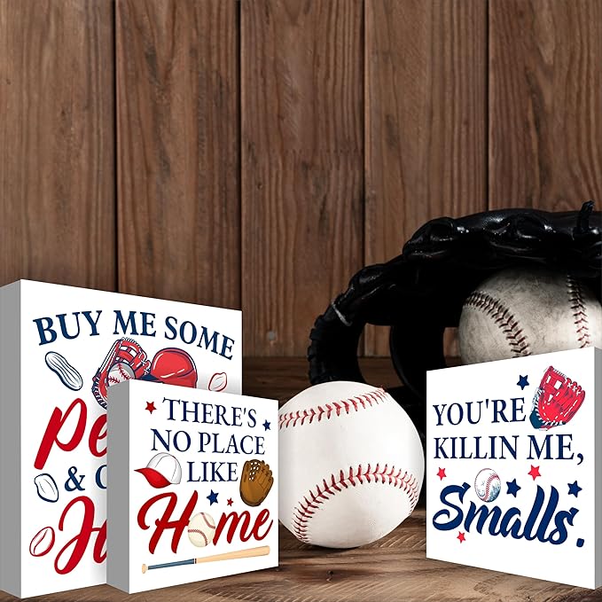 3 Pcs Baseball Decor for Home Rustic Baseball Decoration for Tiered Tray Decorative Wood Box Decor Signs for Table Desk Shelf