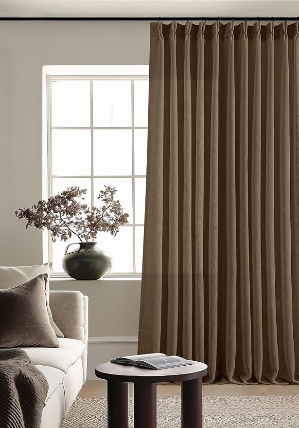 Extra Wide 120 Inch Long Curtains 70 Inch Wide Pinch Pleat Linen Curtains for Living Room Bedroom Light Filtering Privacy Pleated Drapes Hooks Rings Back Tab for Sliding Door Dutch Cocoa 1 Panel
