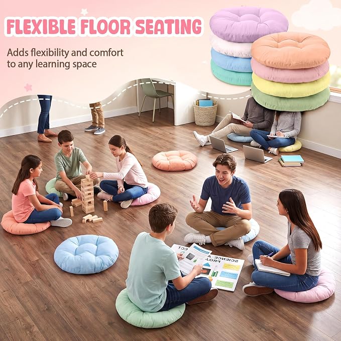 Fumete 8 Pcs 16 Inch Floor Cushions Pillow for Kids Bulk Classroom Round Flexible Seating Floor Cushions for Students Home Daycare School Reading Corner Yoga Meditation Picnic (Candy)