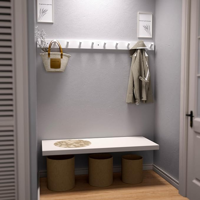 SKOLOO Wood Coat Rack Wall Mounted,10 Peg Long Bamboo Hook for Hanging Backpack Coat Towel Hat,16'' Hole to Hole,Pack of 2,White