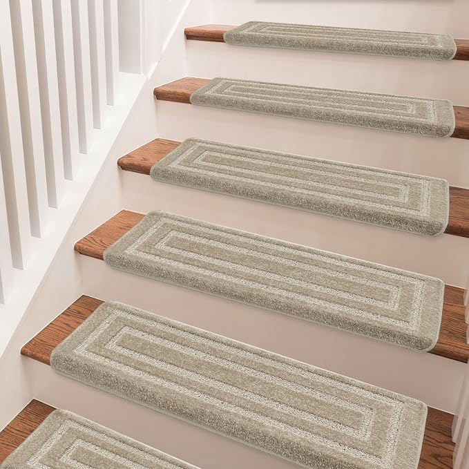 PURE ERA Bullnose Carpet Stair Treads Set Tape Free Non-Slip Indoor Stair Protectors Pet Friendly Rugs 9.5" x 30"(2 Pieces,Cream Gray Rectangular)