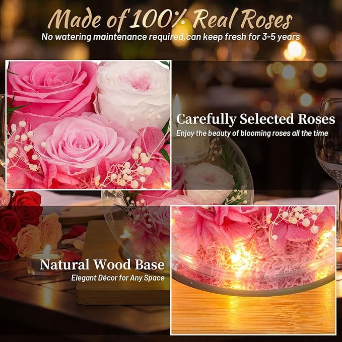 ENERLEAF Preserved Pink Real Rose in Glass with Scented Candles–Eternal Flower Romantic Anniversary Mothers Day Christmas Birthday Valentines Day Gifts for Her, Women, Wife, Girlfriend, Mom, Grandma