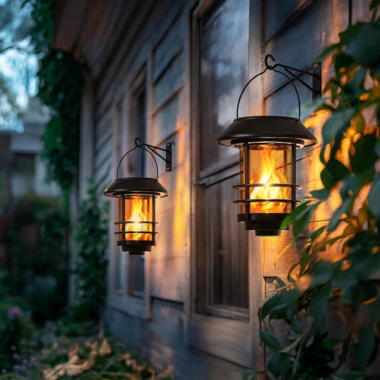 Otdair Solar Wall Lantern Outdoor, Flickering Flames Solar Sconce Lights Outdoor, Hanging Lamps Wall Mount for Front Porch, Patio and Yard, 2 Pack