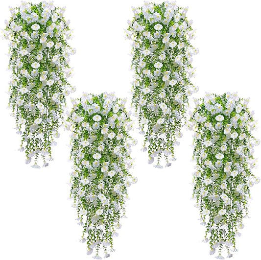 4PCS Artificial Hanging Flowers for Outdoors Summer Decoration, Fake Hanging Plants Faux Petunias with Eucalyptus, UV Resistant No Fade Plastic Realistic Silk Flowers for Porch Patio Balcony Indoor