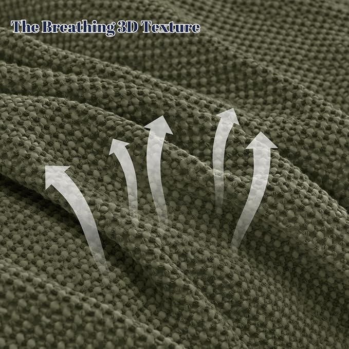 PHF Stone Washed 100% Cotton Waffle Blanket, Vintage Deep Honeycomb Texture, Breathable Thermal Blanket for Bed & Home Decor, All Season Layering - Queen, Moss
