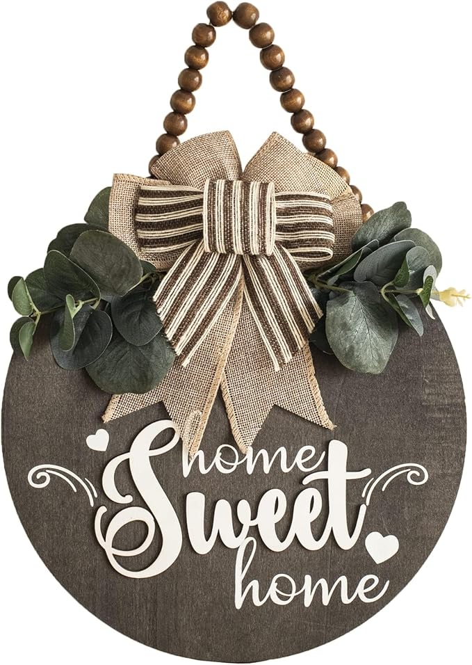 Welcome Sign for Front Door 3D Wooden Wreath Front Porch Decor Hanging for Farmhouse Home Outside Indoor (Brown-Sweet)