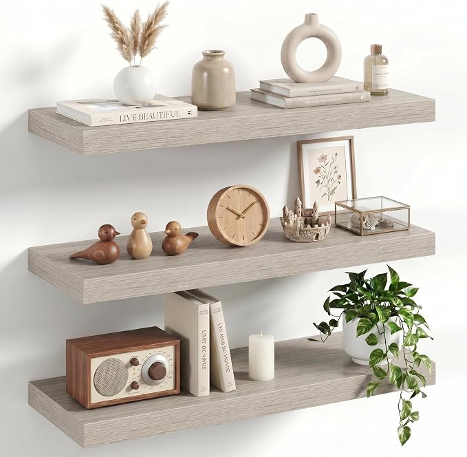 24" Floating Shelves for Wall, Set of 3, 8" Deep, 1.5" Thick, Gray | Rustic Wood Wall Shelves with Invisible Brackets, Storage and Display for Bathroom, Bedroom, Living Room or Kitchen