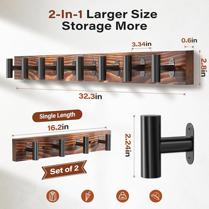 Coat Rack Wall Mount 2 Pack with 8 Pre-Installed Metal Hooks, Rustic Pine Solid Wood Coat Hanger Wall Mount for Entryway & Living Room, Coat Hooks for Hanging Jacket, Hat, Backpack (32.3")