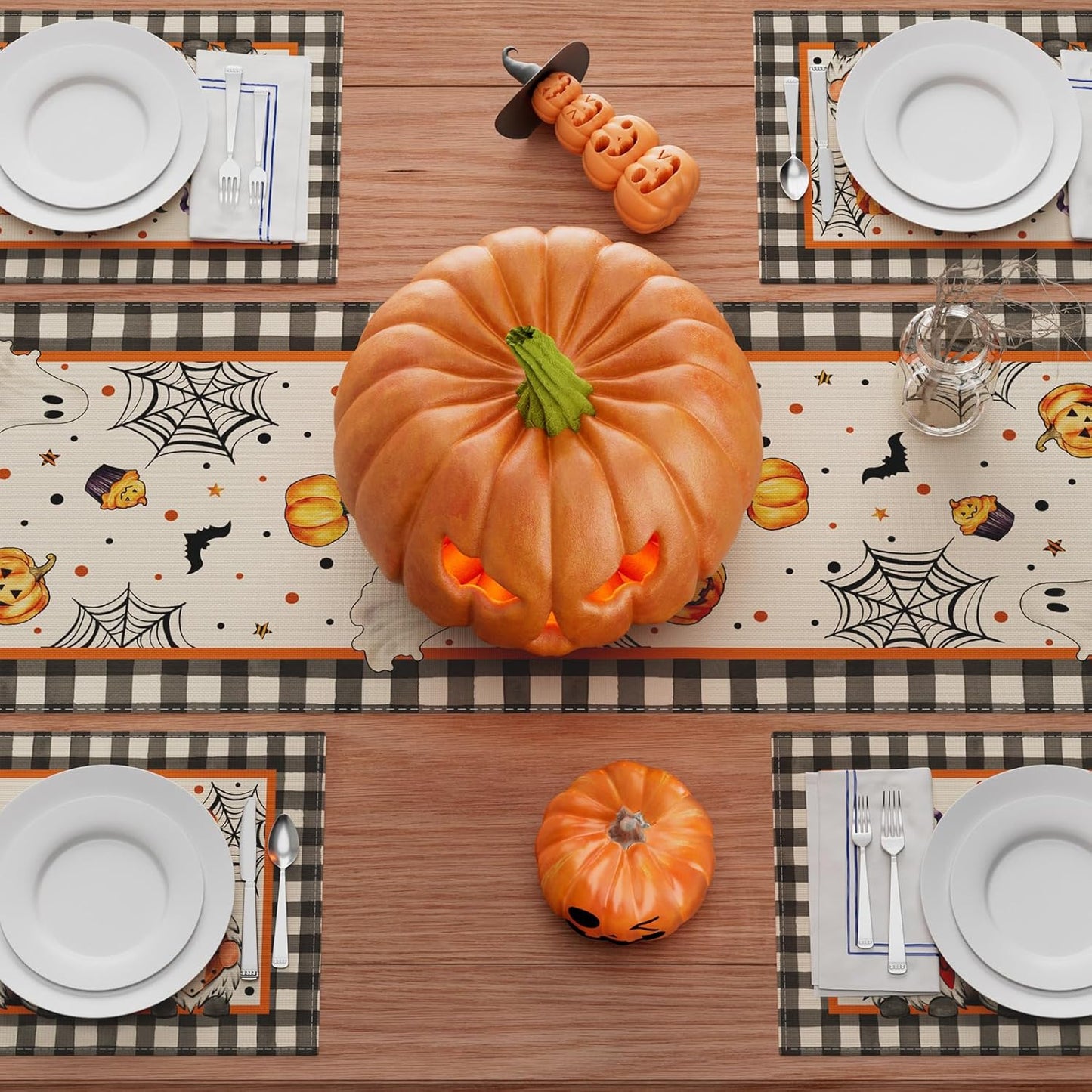 XCHI Spooky Boo Plaid Gnome Halloween Table Runner Party Table Decoration for Home Kitchen Dining Holiday Decor 13x60 Inch