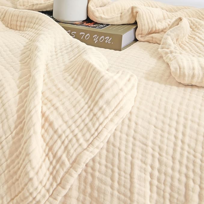 David's Home Soft Muslin Blanket Throw Size for Adults, 60% Rayon 40% Cotton, Breathable Lightweight Cooling Blanket for Hot Sleepers, 4-Layer Cozy Gauze for Bed, 50"x60", Natural/Birch