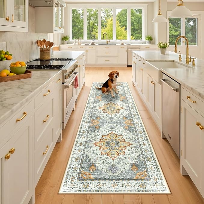 RELEANY Area Rugs 2'6''x8' Runner Rug Non Slip Washable for Kitchen Hallway Bedroom Beside Laundry Room Bathroom Rug, Floor Carpet, Light Yellow Carbon Grey Orange