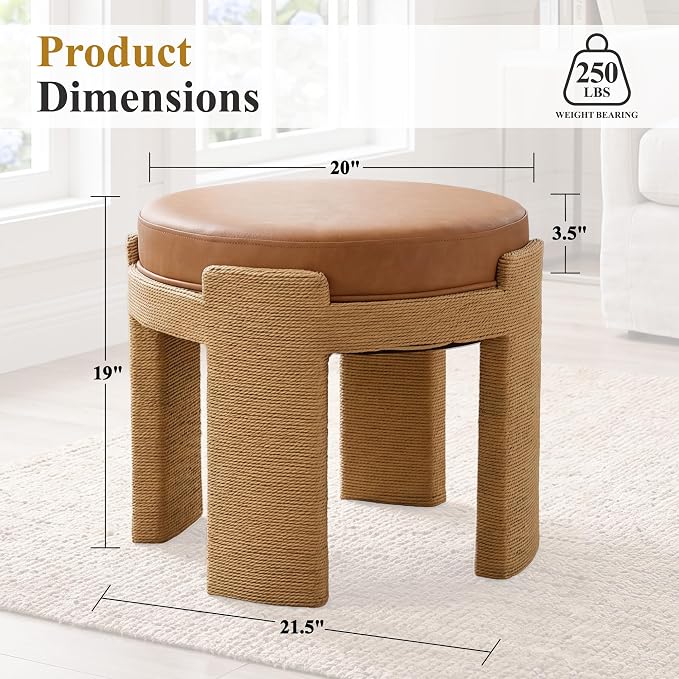 Round Ottoman Set of 2, Boho Hand-Woven Rope Upholstered Ktichen Vanity Chairs Accent Stool Fully Assembled for Bedroom Living Room, Brown Leather
