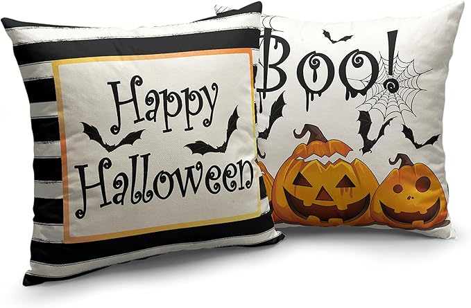 Vintage Halloween Decor Throw Pillow Covers 20x20 Set of 2 Bat Spider Web Pumpkin Pillow Case Black and White Striped Pillow Covers for Couch Sofa Outdoor