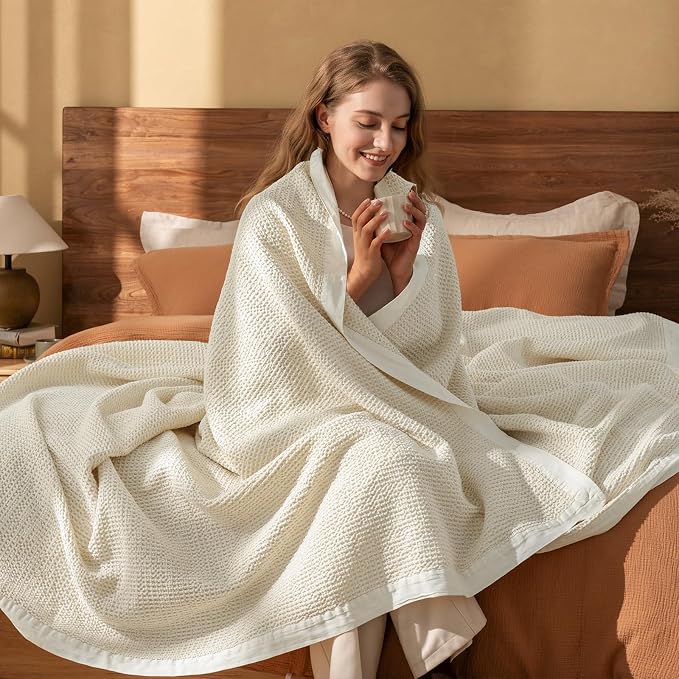 PHF Stone Washed 100% Cotton Waffle Blanket, Vintage Deep Honeycomb Texture, Breathable Thermal Blanket for Bed & Home Decor, All Season Layering - King, Undyed/Raw