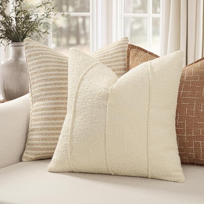 YCOLL Textured Boucle Throw Pillow Covers 24x24 Pack of 2 - Soft Neutral Striped Cushion Covers, Cozy Accent Decorative Pillow Covers for Couch, Sofa, Bed, Living Room (Cream)