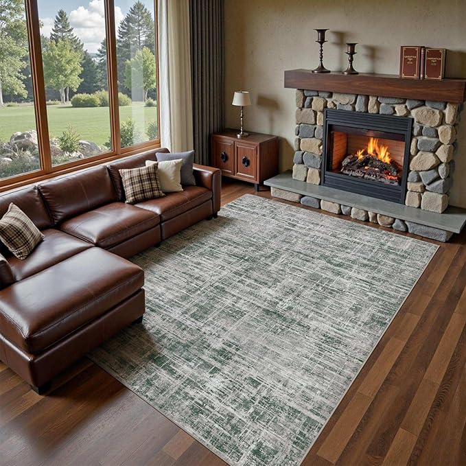 UERMEI 8x10 Washable Area Rug for Living Room: Modern Neutral Abstract Large Soft Low Pile Carpet Non-Slip Pet Kids Friendly Indoor Decor for Bedroom Dining Room Home Office Nursery Grey/Green
