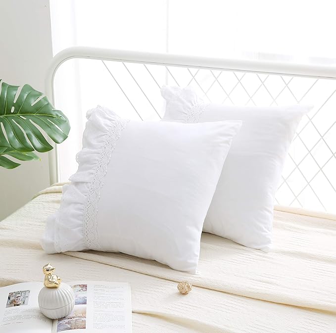White Lace Square Pillow Covers Euro Shams with Ruffles Cotton 18"X18" 2-Pack Zipper Closure Luxury Elegant