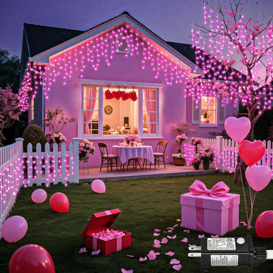 Pink Christmas Lights Outdoor, 33ft 400 LED Icicle Lights for Outside Clear Wire Connectable Twinkle Light with 8 Modes Timer Plug in Waterproof for Window Party Wedding Holiday Patio Tree Decorations