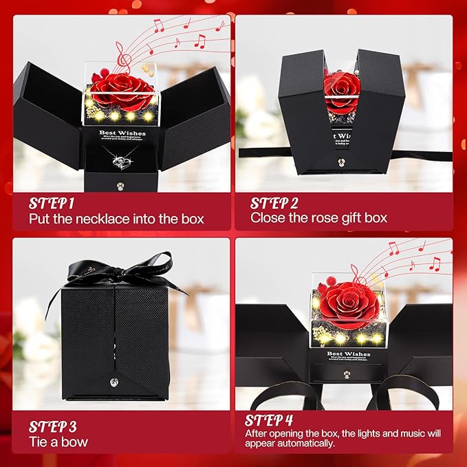 Pasuvsigt Mothers Day Mom Birthday Gifts for Women, Preserved Real Rose with I Love You Heart 100-Language Necklace, LED Lights & Music Box, Anniversary for Women Girlfriend Mom